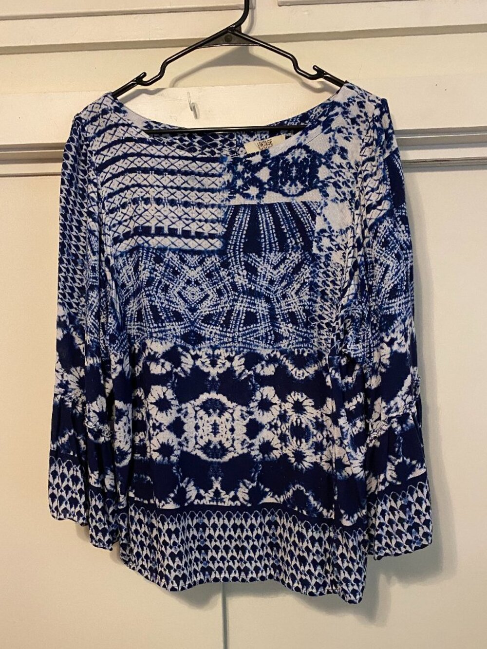 Vintage America, navy & white Boho blouse w/circular flounce sleeves, size 1X